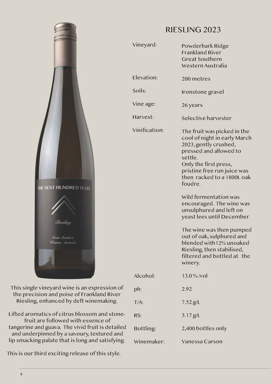 THE NEXT HUNDRED YEARS RIESLING 2024 - 1 dozen inc Aus wide delivery - NEW VINTAGE!