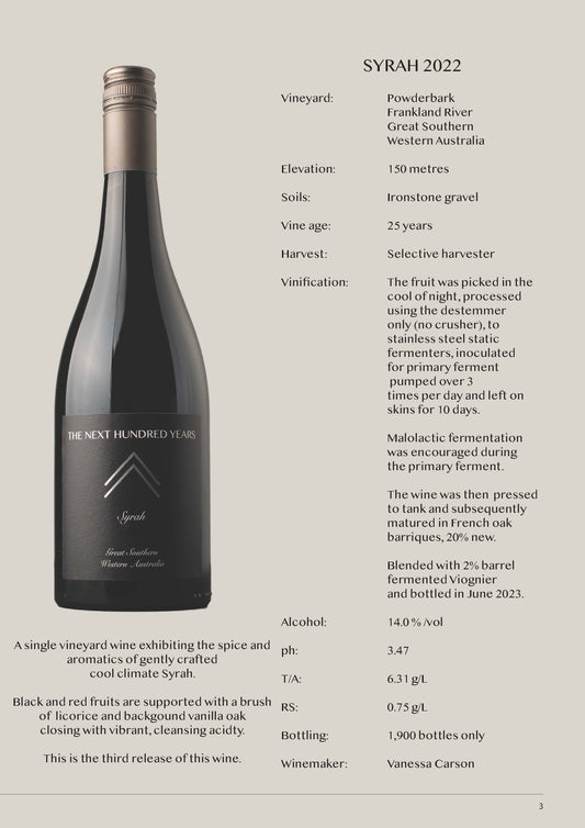 THE NEXT HUNDRED YEARS SYRAH 2022 - TROPHY WINNER - WINE SHOW OF WA!
