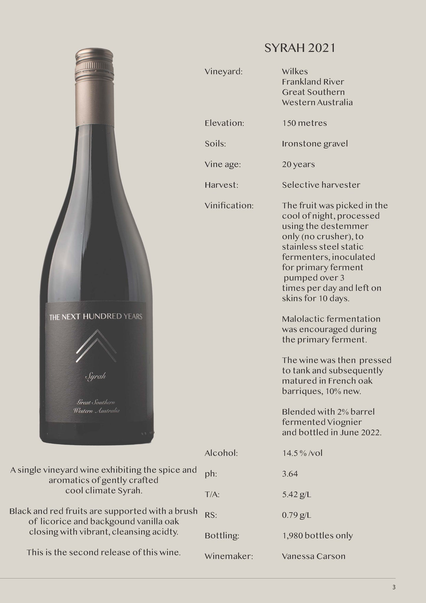 THE NEXT HUNDRED YEARS SYRAH 2021 - 1 dozen inc Aus wide delivery